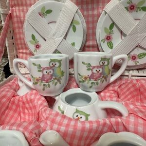 Owl-Themed Tea Set with Pink and Green Accents